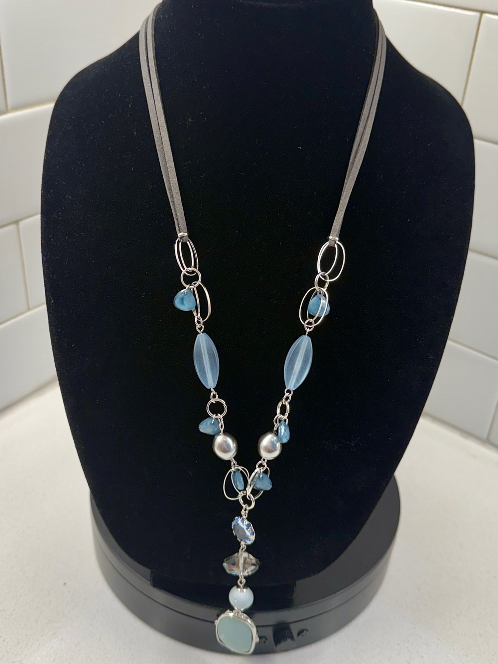 Chico’s Blue Silver Tone Crystal Y Drop Statement Necklace